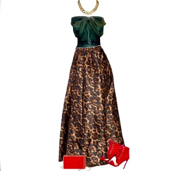 Boutique Satin Leopard Flowy A-Line Maxi Midi Skirt - Picture 10 of 16